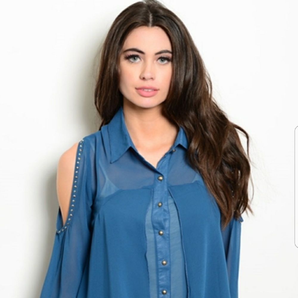 Teal Blue cold shoulder top with gold accents