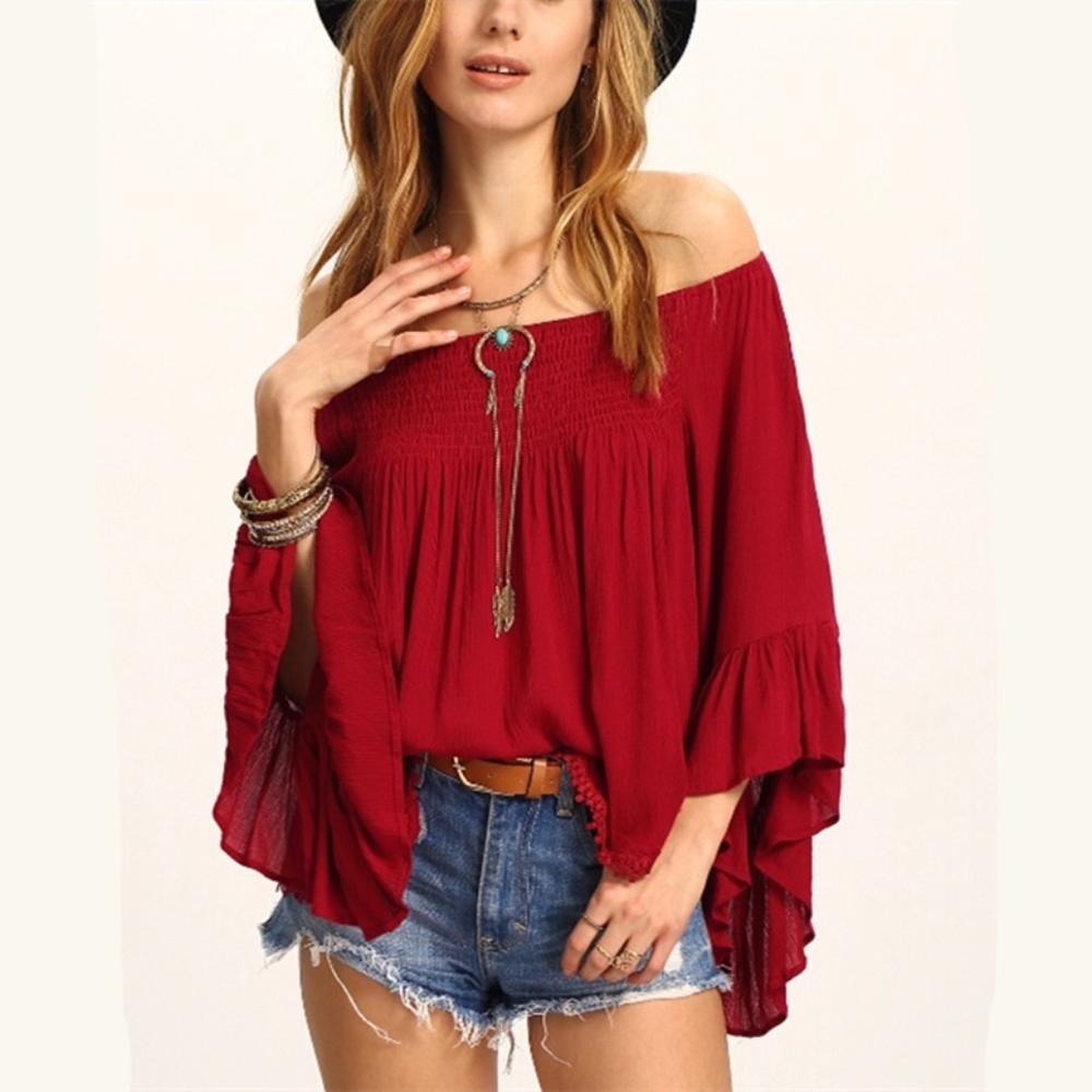 LAST 1!  Boho Off Shoulder Red top - Picture 2 of 8
