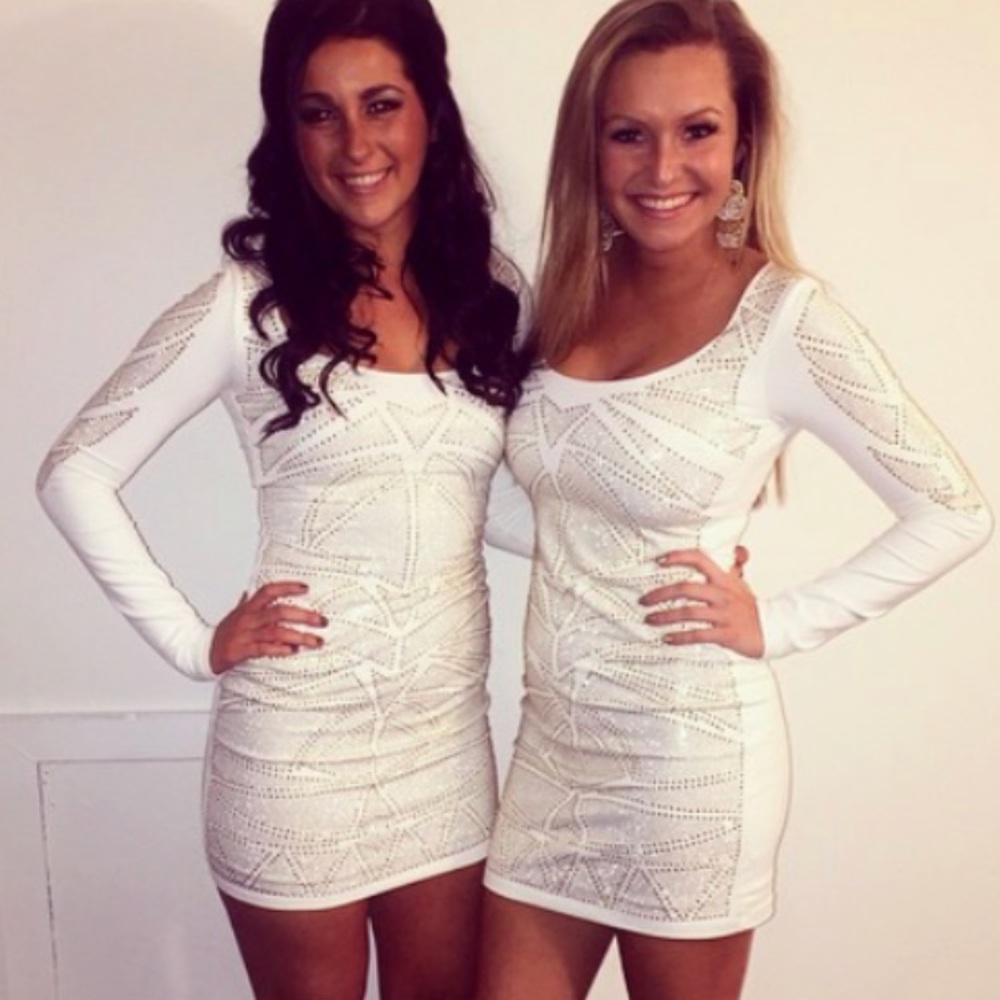 White and gold rhinestone Bebe dress! Worn once!