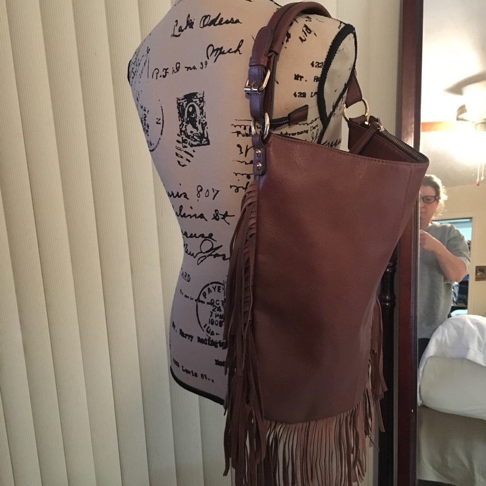 Leather Fringed Hobo- Brown Real Leather
