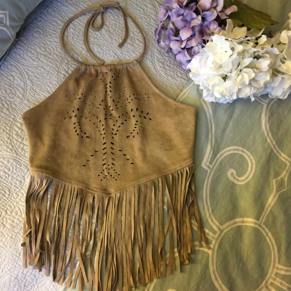 ✨Brand New Faux Suede Fringed Halter Top