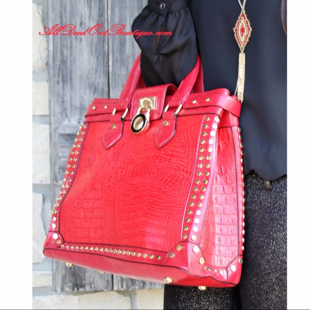 Ziara Alligator Purse Handbag Red with Gold