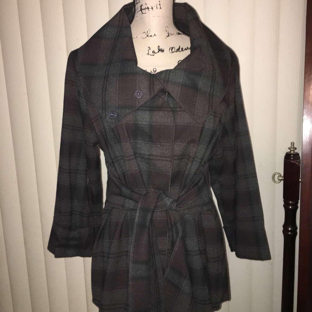 Plaid Snap Front With Tie Jacket Blouse
