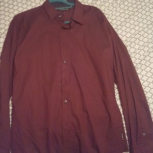 Burgundy button down shirt w/ small white pokadots