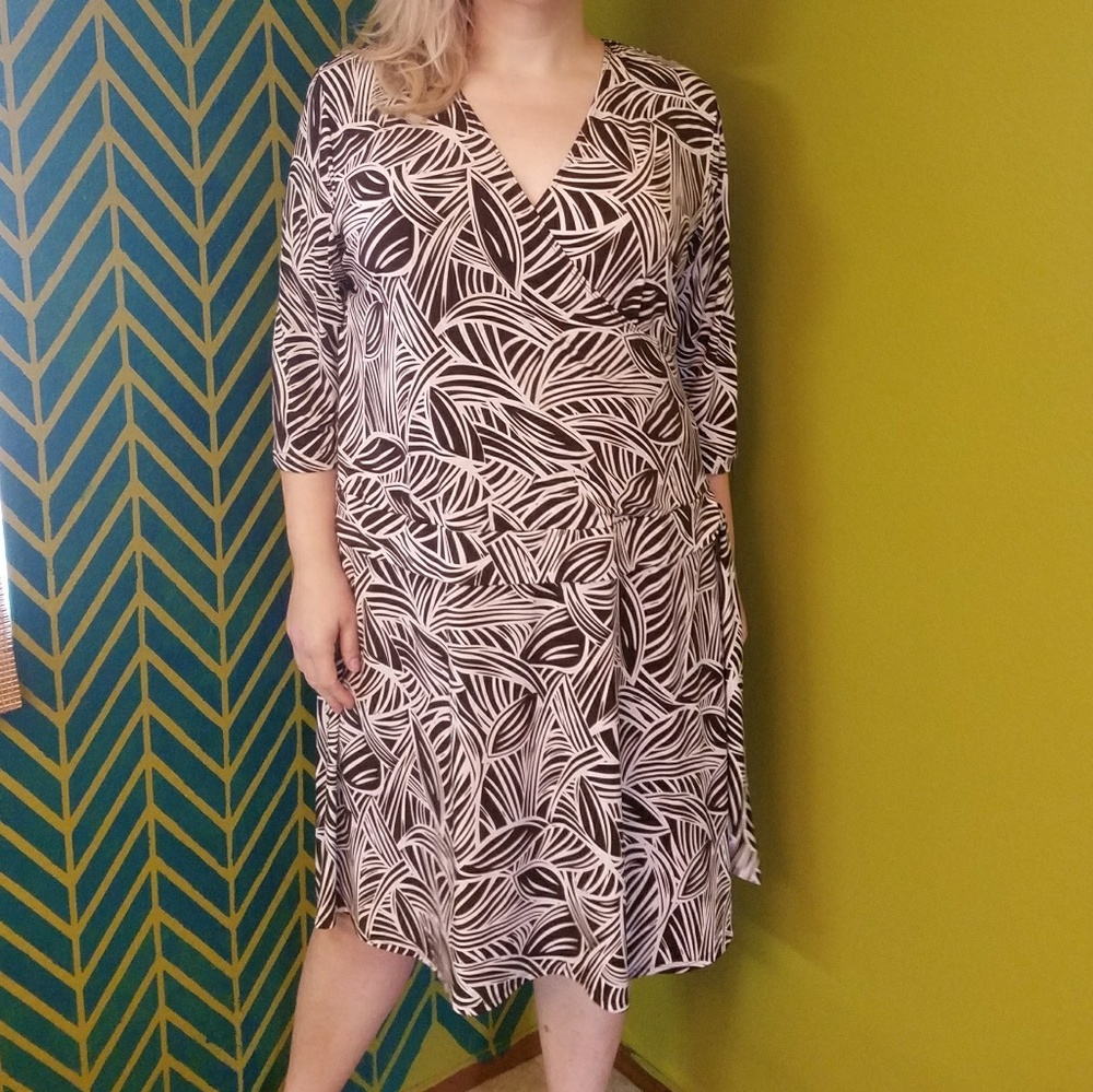 Plus Size Palm Print faux wrap dress
