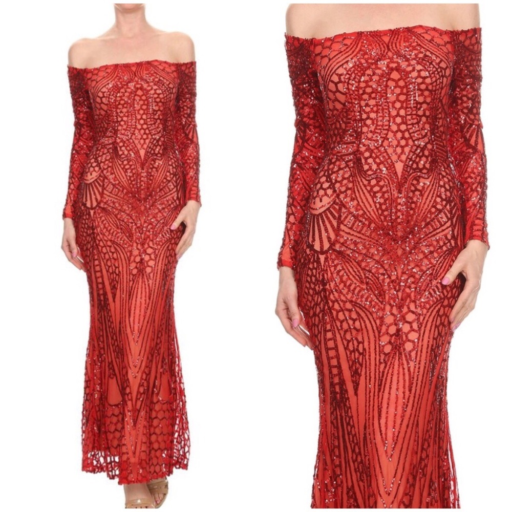 Sexy Red Special Occasion Off-Shoulder Sequin Gown Pageant