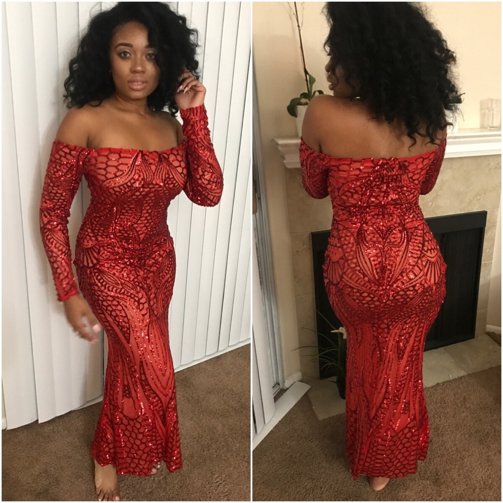 Sexy Red Special Occasion Off-Shoulder Sequin Gown Pageant - Picture 2 of 8