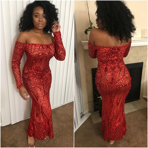 Sexy Red Special Occasion Off-Shoulder Sequin Gown Pageant - Picture 2 of 8