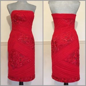 Sue Wong Red Strapless Beaded & Embroidered Dress