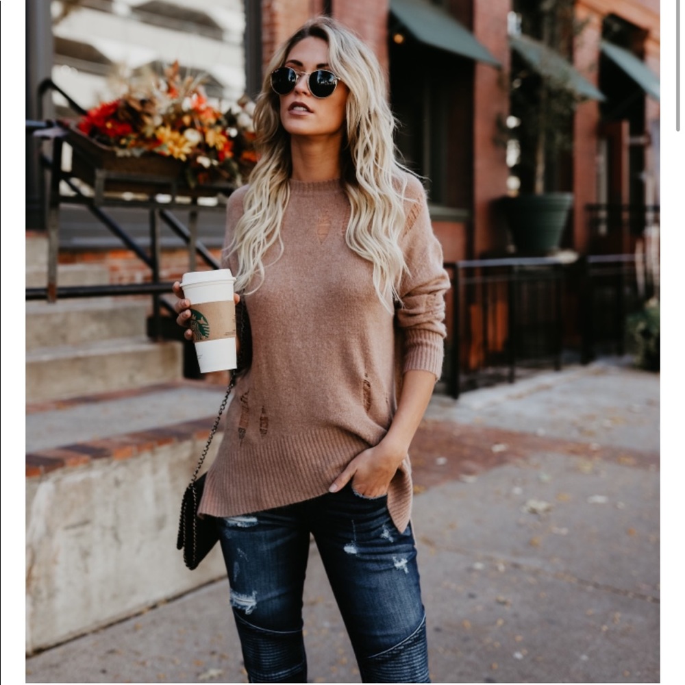 {sold}Light Mocha / Brown Distressed Sweater - Picture 2 of 5