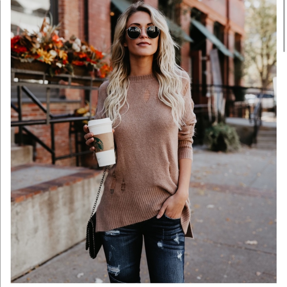 {sold}Light Mocha / Brown Distressed Sweater - Picture 3 of 5