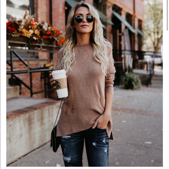 {sold}Light Mocha / Brown Distressed Sweater - Picture 3 of 5