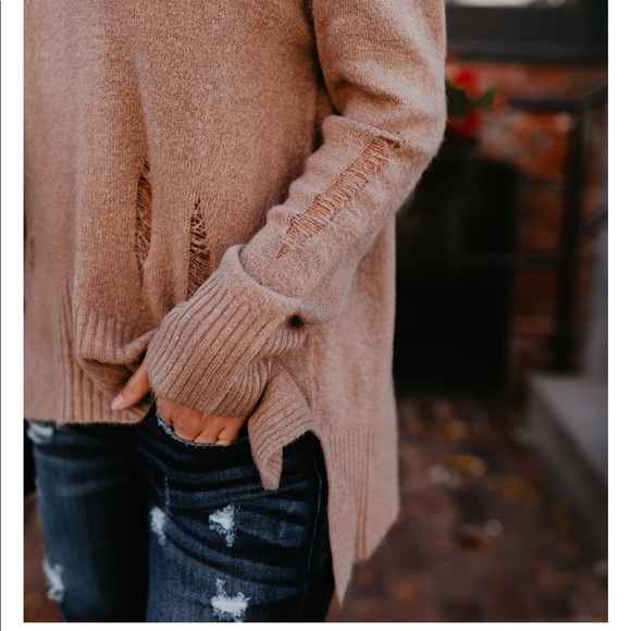 {sold}Light Mocha / Brown Distressed Sweater - Picture 4 of 5