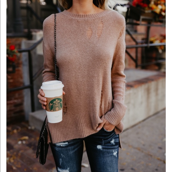 {sold}Light Mocha / Brown Distressed Sweater - Picture 5 of 5