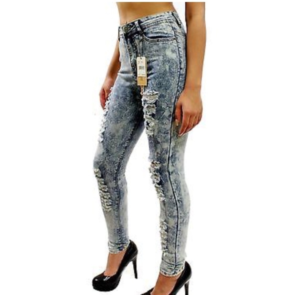 Indigo Acid Wash High Waist Ripped Skinny Jeans