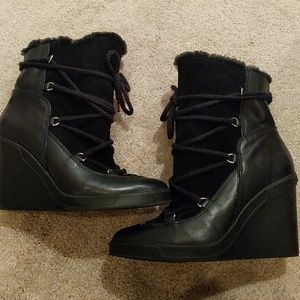MMK leather sheep fur lace up wedge bootie sz9