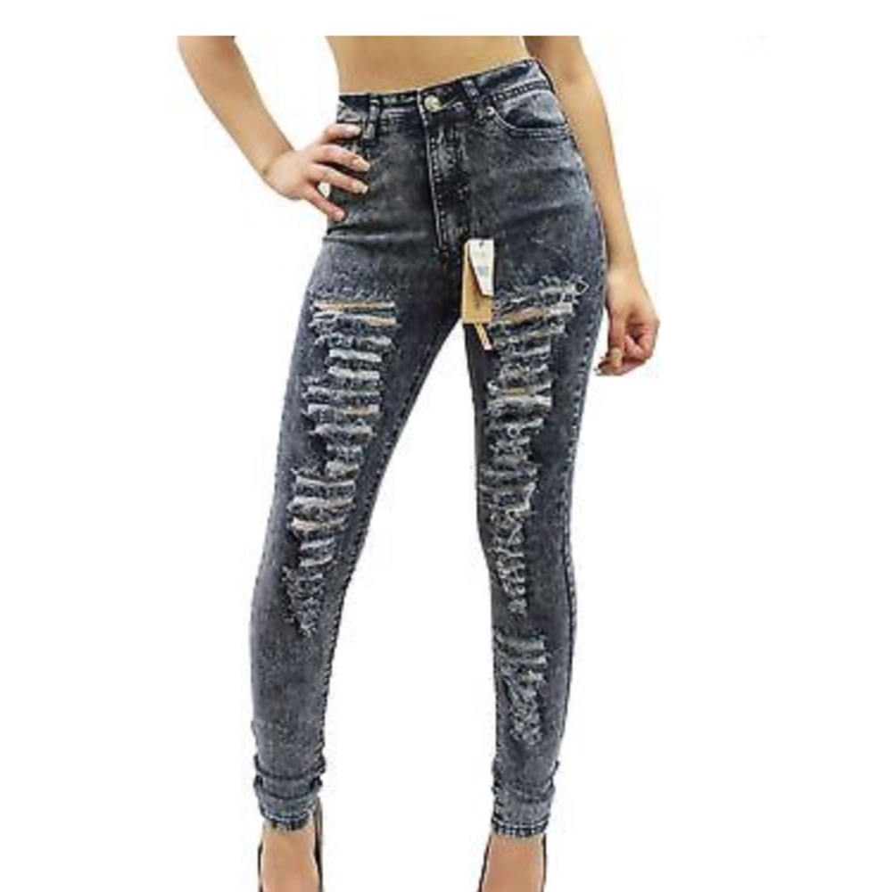 Indigo Acid Wash High Waist Ripped Skinny Jeans