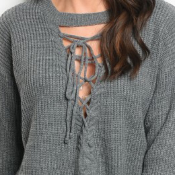 Grey Lace Up Chunky Slouchy Cable Knit Sweater - Picture 3 of 4