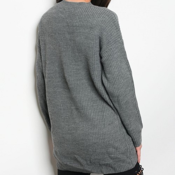 Grey Lace Up Chunky Slouchy Cable Knit Sweater - Picture 2 of 4