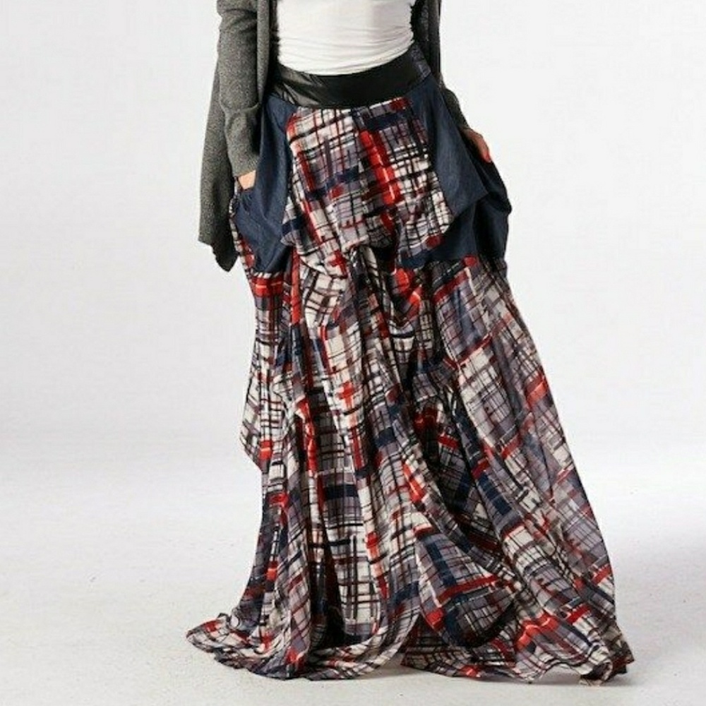 Denim and Plaid Maxi Skirt, Size Small