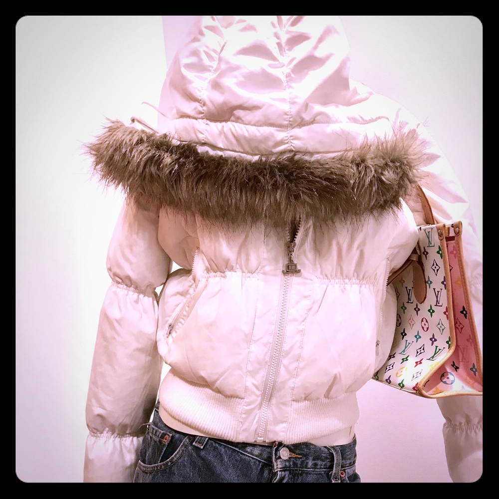 Beautiful JLO down jacket white with faux fur!