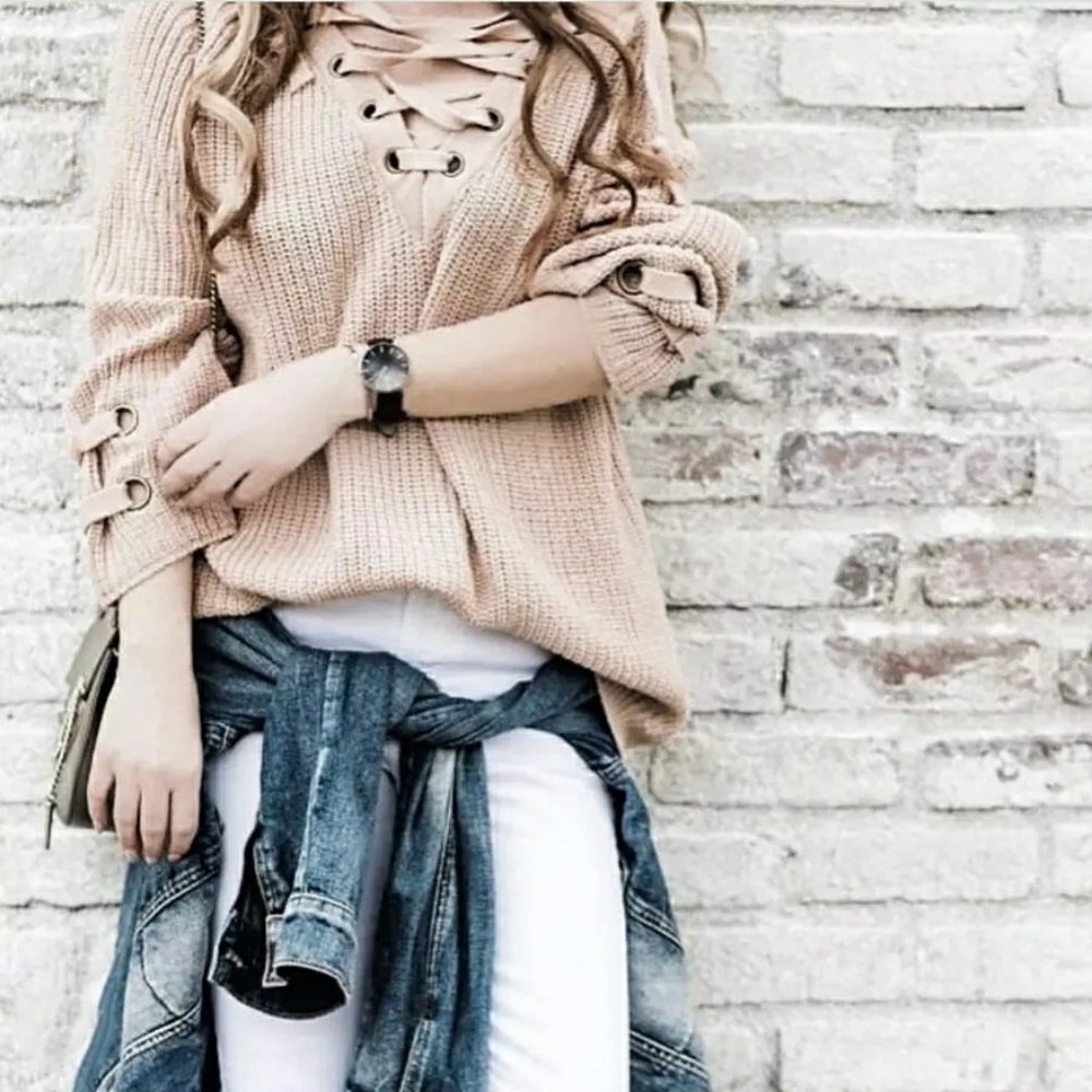 Beige Lace Up Chunky Knit Sweater - Picture 2 of 7