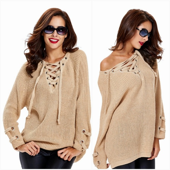Beige Lace Up Chunky Knit Sweater - Picture 3 of 7