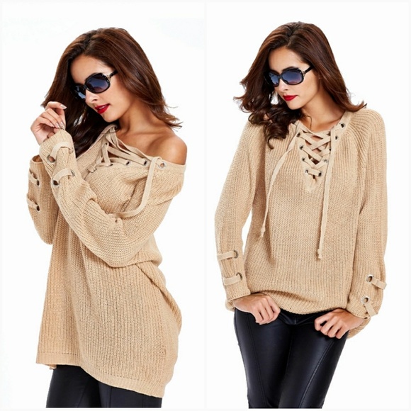 Beige Lace Up Chunky Knit Sweater - Picture 4 of 7