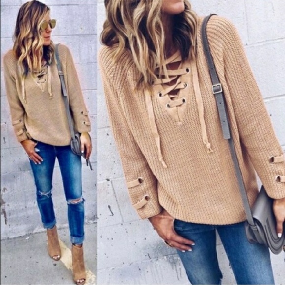 Beige Lace Up Chunky Knit Sweater - Picture 5 of 7