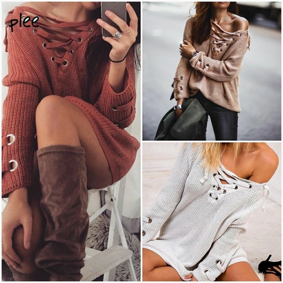 Beige Lace Up Chunky Knit Sweater - Picture 6 of 7