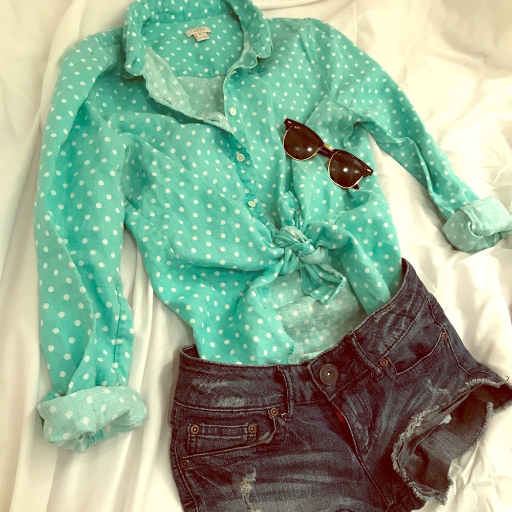 J.Crew Mint Green w/white dots button down shirt