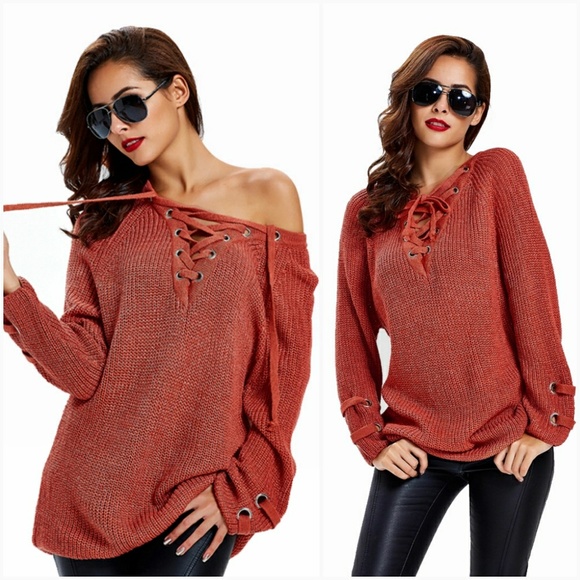 Brick Red Lace Up Chunky Knit Sweater - Picture 2 of 7