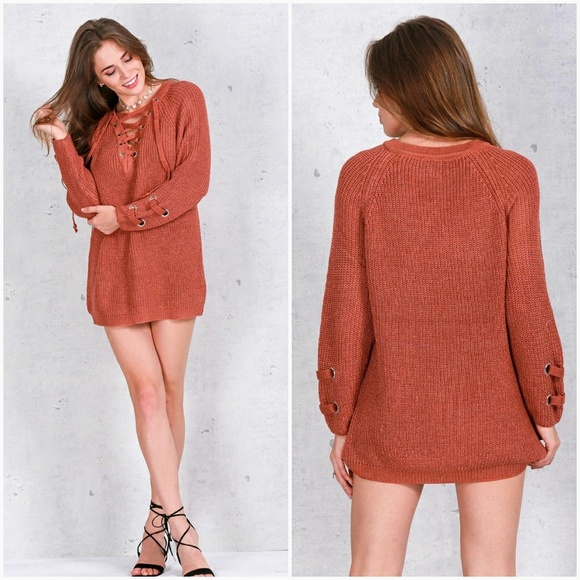 Brick Red Lace Up Chunky Knit Sweater - Picture 4 of 7