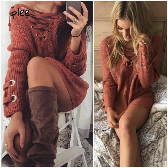 Brick Red Lace Up Chunky Knit Sweater - Picture 5 of 7