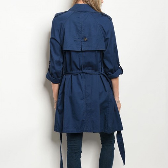 Navy Blue Button Up Utility Trench Coat - Picture 2 of 3