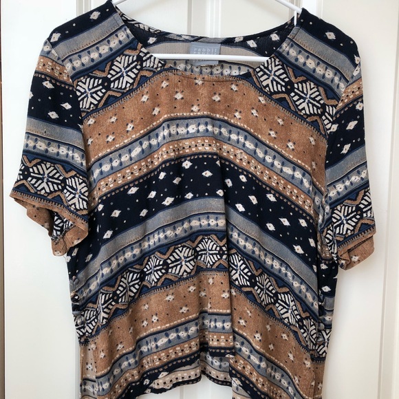 Vintage 60s/70s Navy/Tan Pattern Crop Top - Picture 1 of 8
