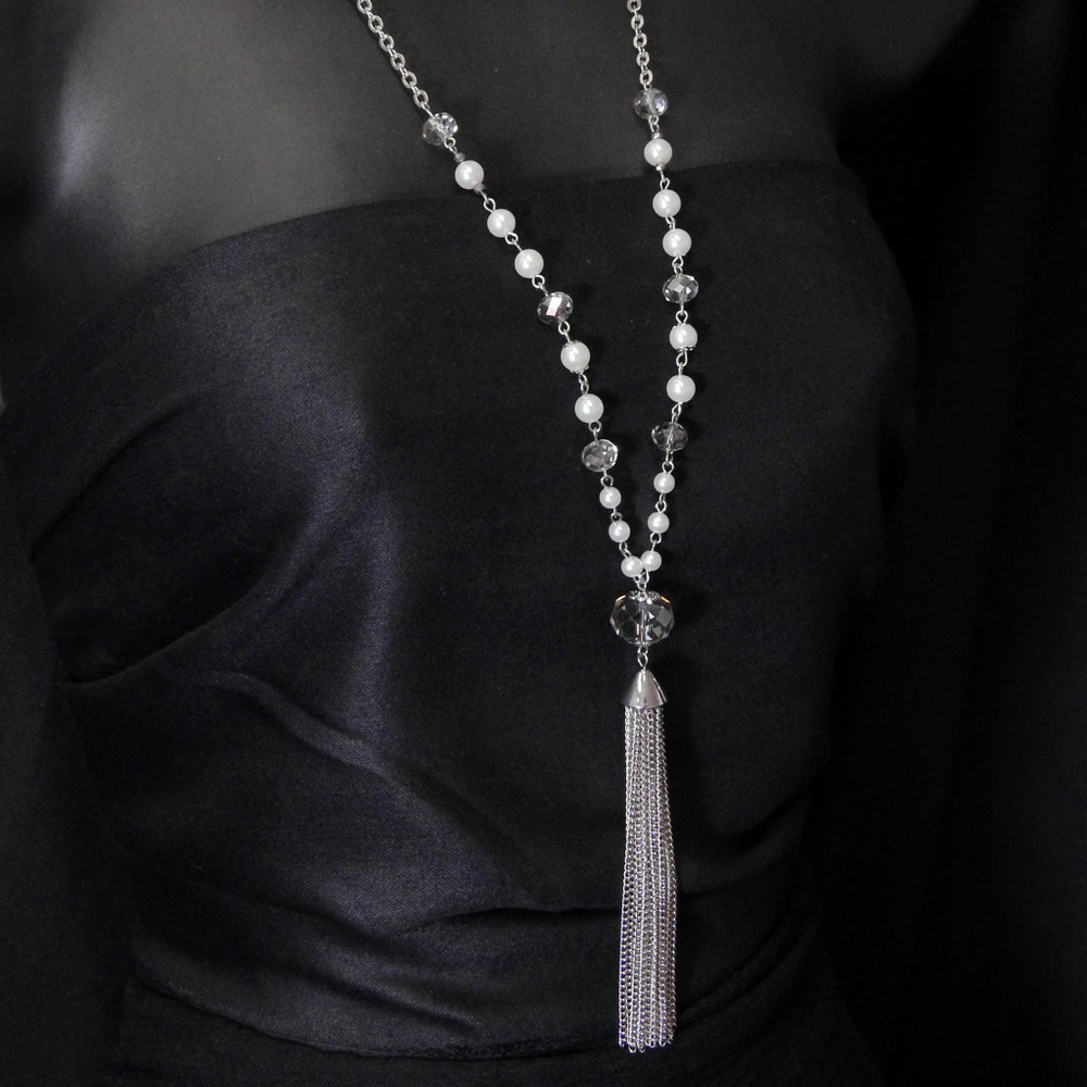 NWOT silver necklace with pearl & tassel LTDN11nc - Picture 3 of 4