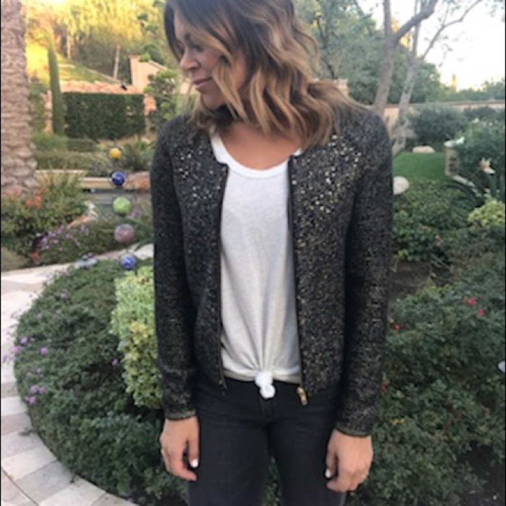 Black & Gold Metallic Zip-Up Sweater Jacket