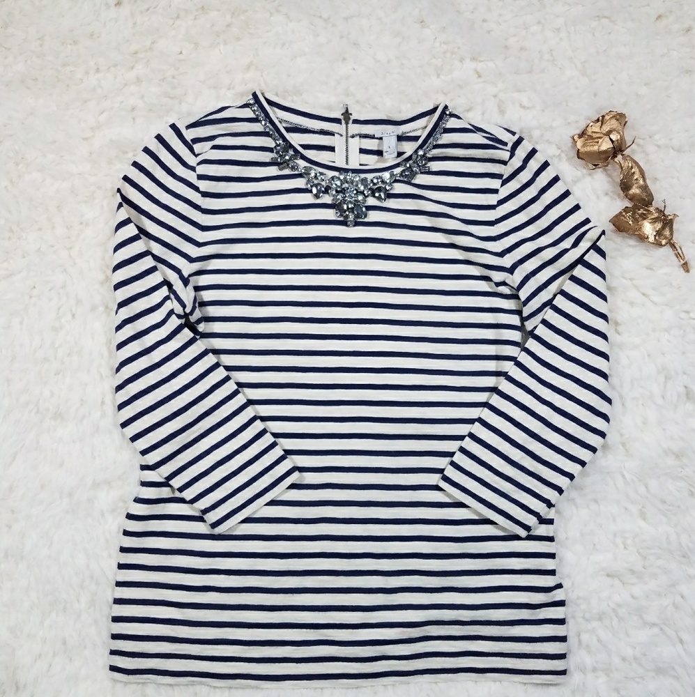 J. Crew Jewel Neck Navy Stripe Top