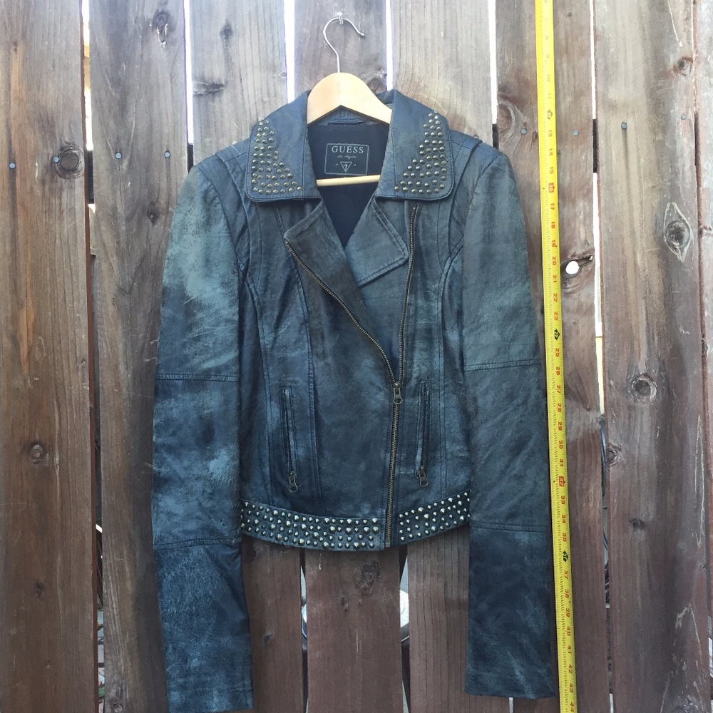 Guess Gray Studded Distressed Lambskin Jacket