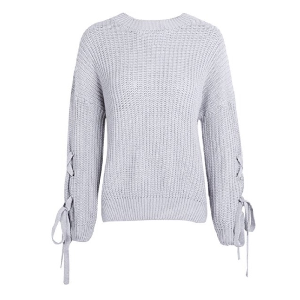 Lace Up Sleeves Crew Neck Chunky Knit Sweater Grey - Picture 3 of 5