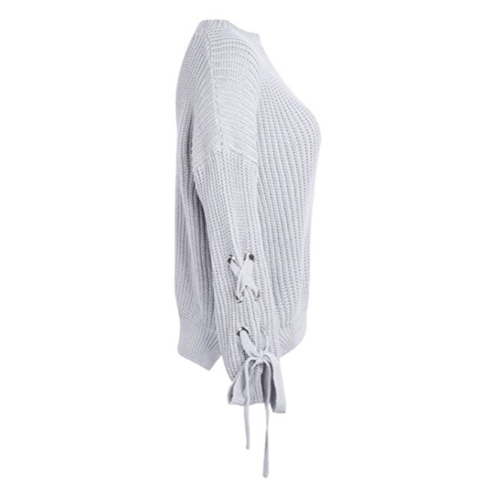 Lace Up Sleeves Crew Neck Chunky Knit Sweater Grey - Picture 4 of 5