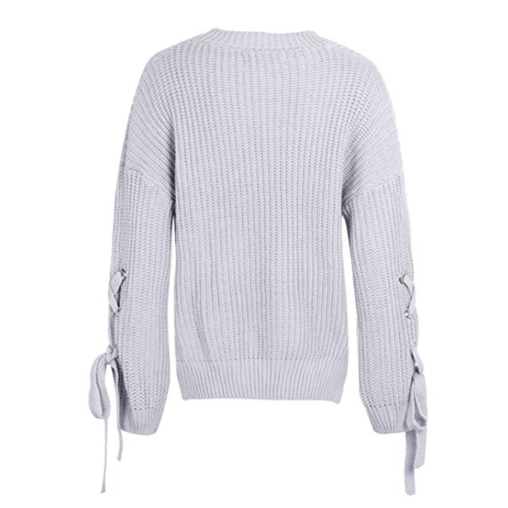 Lace Up Sleeves Crew Neck Chunky Knit Sweater Grey - Picture 5 of 5