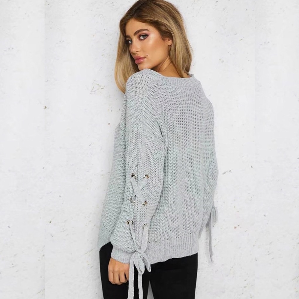 Lace Up Sleeves Crew Neck Chunky Knit Sweater Grey - Picture 2 of 5