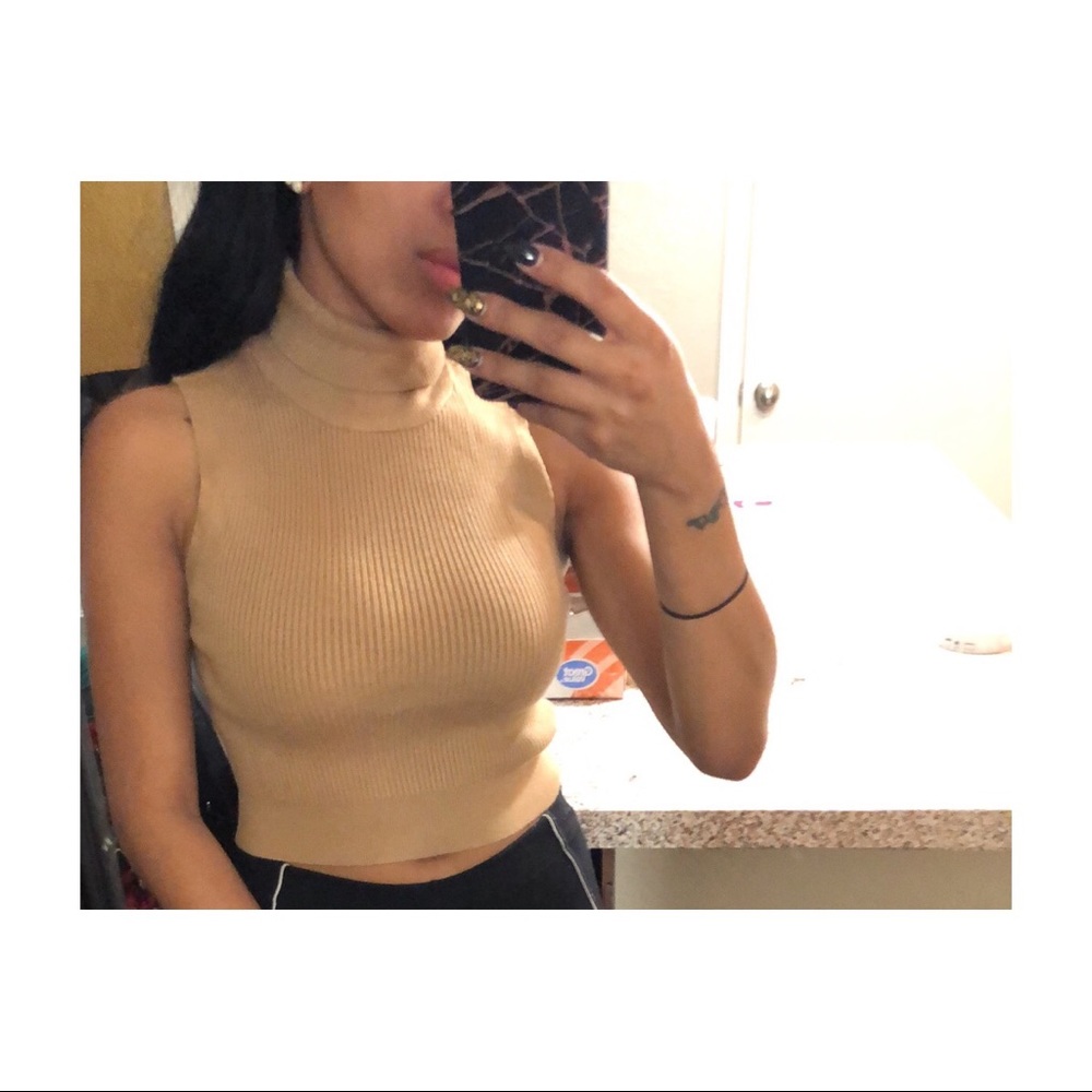 Camel Turtleneck Ribbed Top