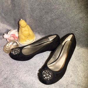 Black Sparkle Toe Wedge Heels