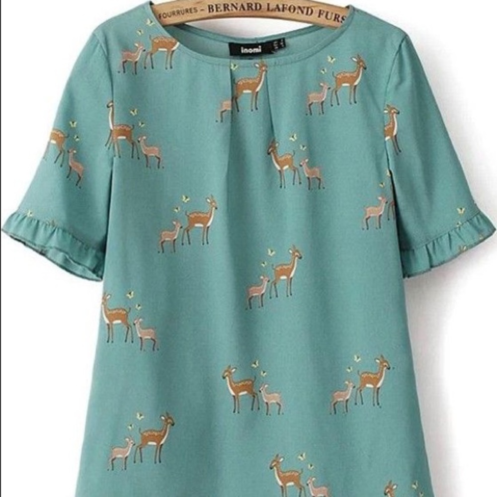 Teal deer print ruffle sleeved blouse