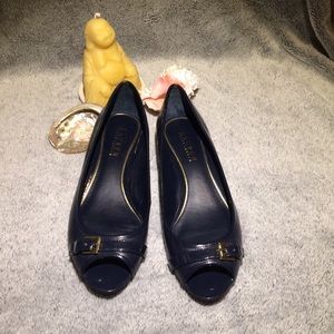 Navy Peep Toe Wedges