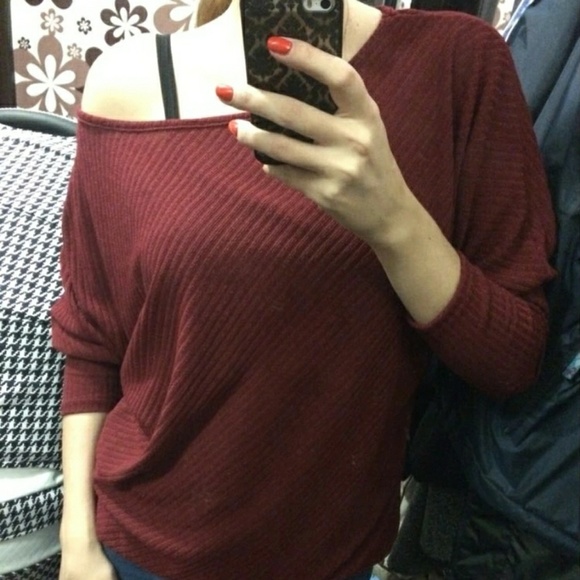 Burgundy Off The Shoulder Knitted Tunic - Picture 2 of 4