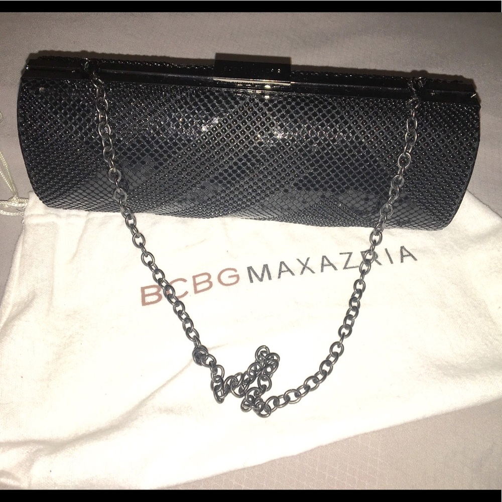 BCBG Max Azria black metal mesh evening clutch